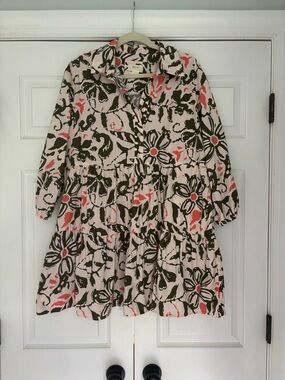 Maeve Floral Tiered Shirt Dress in Light Pink, Olive & Coral